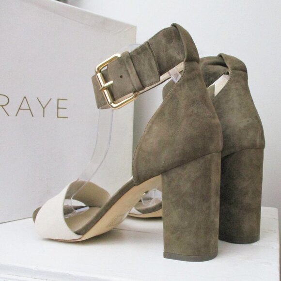 RAYE Leia taupe 9.5 strappy block heel sandals shoes heels suede buckle - Picture 7 of 9